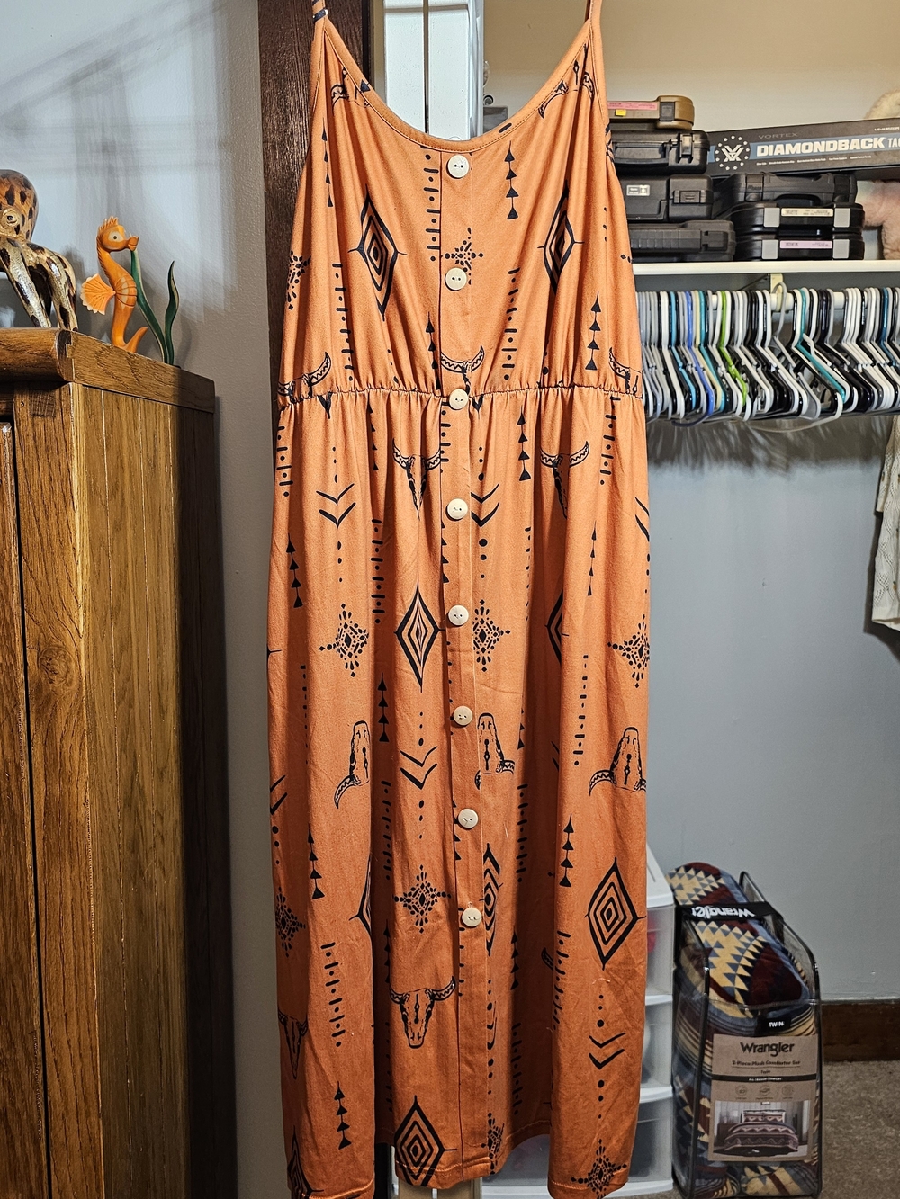 Orange Printed Button-Front Midi Sundress